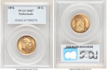 Willem III gold 10 Gulden 1876 MS67 PCGS, KM106. Displaying beaming golden luster and eye appeal brought to complete fruition by a full strike. 

HID0...