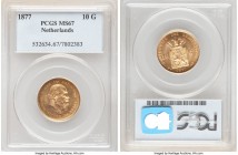Willem III gold 10 Gulden 1877 MS67 PCGS, KM106. Pleasingly sharp, and an altogether highly collectible example of the type in this lofty condition. 
...