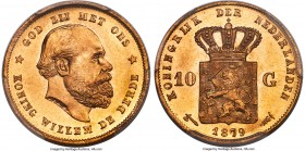 Willem III gold 10 Gulden 1879 MS67+ PCGS, KM106. Engaging and all-around stunning, a consequence of a forceful combination of both a complete strike ...