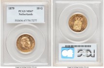 Willem III gold 10 Gulden 1879 MS67 PCGS, KM106. Watery in the fields, across which no handling of consequence may be found to detract from the superi...