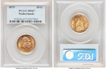 Willem III gold 10 Gulden 1879 MS67 PCGS, KM106. A highly engaging and equally high-quality example displaying full and potent mint brilliance. 

HID0...