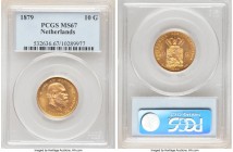 Willem III gold 10 Gulden 1879 MS67 PCGS, KM106. An inspiring offering of undeniable beauty, toned to a charming butterscotch gold. 

HID09801242017

...