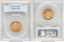 Willem III gold 10 Gulden 1879/7 MS65 PCGS, KM106. Displaying gem-quality surfaces of interspersed orange and white-gold tone. 

HID09801242017

© 202...