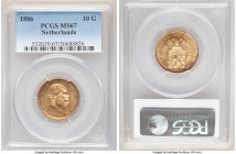 Willem III gold 10 Gulden 1886 MS67 PCGS, KM106. The perfect type coin for the discerning collector, tied in the top tier of quality seen for the date...