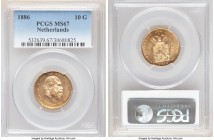 Willem III gold 10 Gulden 1886 MS67 PCGS, KM106. A dazzling offering that would be difficult to meaningfully exceed in beauty or technical appeal. 

H...