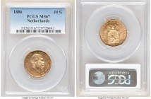 Willem III gold 10 Gulden 1886 MS67 PCGS, KM106. Tied for finest certified by PCGS with no examples seen by NGC meeting this lofty grade. 

HID0980124...