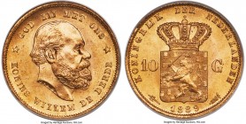 Willem III gold 10 Gulden 1889 MS68 PCGS, KM106. An inspiring type representative fielding near-perfect features and dazzling brilliance. Tied for the...