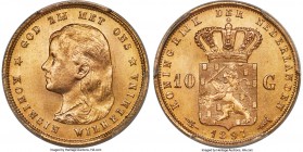 Wilhelmina I gold 10 Gulden 1897 MS67 PCGS, KM118. Highly lustrous, with fine die polish lining the fields. Tied for finest certified across both PCGS...