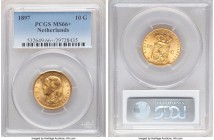 Wilhelmina I gold 10 Gulden 1897 MS66+ PCGS, KM118. A full and blazing cartwheel brilliance decorates both faces, across which virtually no signs of h...