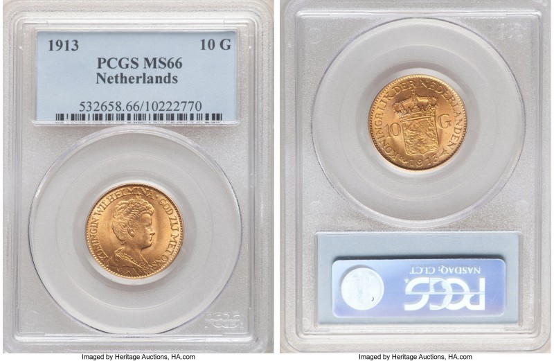 Wilhelmina I gold 10 Gulden 1913 MS66 PCGS, KM149. Tied for finest certified acr...