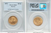 Oscar II gold 20 Kroner (5 Speciedaler) 1875 MS65 PCGS, Kongsberg mint, KM348. Exhibiting well-balanced eye appeal with appealing surfaces only slight...