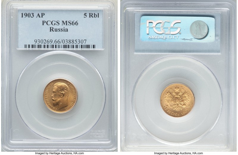 Nicholas II gold 5 Roubles 1903-AP MS66 PCGS, St. Petersburg mint, KM-Y62. A pri...