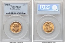 George V gold Sovereign 1928-SA MS65 PCGS, Pretoria mint, KM21. A true gem dripping with golden luster, tied for the second-finest yet seen by PCGS an...
