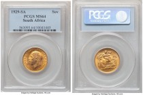 George V gold Sovereign 1929-SA MS64 PCGS, Pretoria mint, KM-A22. Gratifying in hand, with whirling tangerine luster dominating the fields. 

HID09801...
