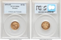 Oscar II gold 10 Kronor 1874-ST MS66 PCGS, KM732. An undeniable gem featuring clearly contoured features and minute die polish lines contained within ...