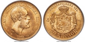 Oscar II gold 20 Kronor 1873-ST MS66 PCGS, KM733. A captivating offering, every detail of which is clearly outlined against the surrounding features. ...