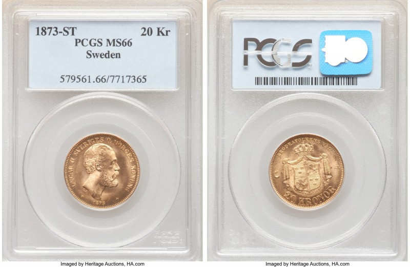 Oscar II gold 20 Kronor 1873-ST MS66 PCGS, KM733. A nearly immaculate selection ...