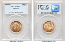 Oscar II gold 20 Kronor 1874-ST MS66 PCGS, KM733. Wholly impressive, with only the most subtle hint of pale silver tone visible in the obverse fields....
