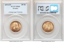 Oscar II gold 20 Kronor 1874-ST MS66 PCGS, KM733. Highly luminous and consistently well-rendered across the obverse and reverse designs. An offering r...