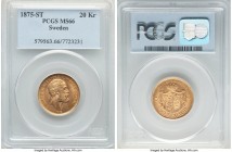 Oscar II gold 20 Kronor 1875-ST MS66 PCGS, KM733. Type 2 - Ridge on Neck, Thicker Hair and Beard. Rarely seen in this condition and tied for the fines...