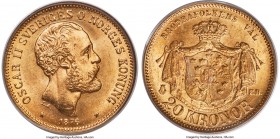Oscar II gold 20 Kronor 1876-EB MS67 PCGS, KM744. Type II - Ridge on Neck, Thicker Hair and Beard. Razor-sharp, with alluring frost over Oscar's portr...