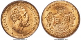 Oscar II gold 20 Kronor 1876-EB MS67 PCGS, KM744. Type II - Ridge on Neck, Thicker Hair and Beard. A pristine example showcasing light original die po...