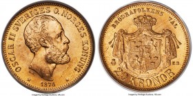 Oscar II gold 20 Kronor 1876-EB MS67 PCGS, KM744. Type I - Finer Hair and Beard. Utterly sharp and fully lustrous, with not a single mention-worthy im...