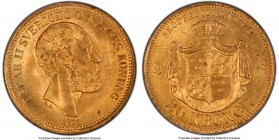 Oscar II gold 20 Kronor 1876-ST MS65 PCGS, KM733. Sharply rendered, a distinctive golden satiny luster embellishing the struck features. 

HID09801242...