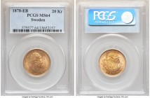 Oscar II gold 20 Kronor 1878-EB MS64 PCGS, KM748. Very near gem, save for a single mark to the upper right of Oscar's bust. 

HID09801242017

© 2020 H...