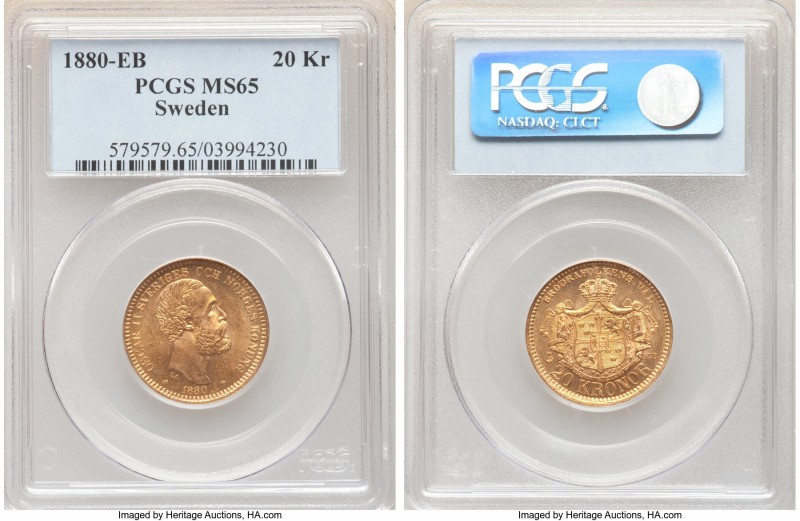 Oscar II gold 20 Kronor 1880-EB MS65 PCGS, KM748. An original gem displaying fla...