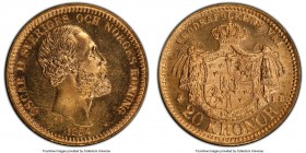 Oscar II gold 20 Kronor 1884-EB MS67 PCGS, KM748. Struck to completion and revealing only pinpoint traces of contact over mirrored fields. Tied for th...