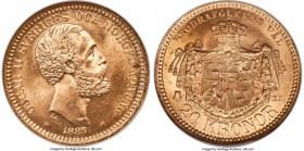 Oscar II gold 20 Kronor 1885-EB MS67 NGC, KM748. Pale gold in color, with voluminous luster complementing a firm strike. Tied for finest certified and...