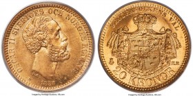 Oscar II gold 20 Kronor 1886-EB MS67 PCGS, KM748. Defined by intense shimmering brilliance underneath a thin veil of tone. Decidedly scarce in this co...