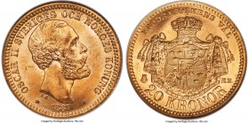 Oscar II gold 20 Kronor 1887-EB MS66 NGC, KM748. Excellently preserved for the type and currently tied for finest certified across both major grading ...