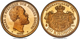 Oscar II gold 20 Kronor 1898-EB MS67 PCGS, KM748. Exhibiting a highly die-polished appearance, the fields nearly pristine and turning to jet black whe...