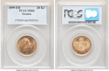 Oscar II gold 20 Kronor 1899-EB MS66 PCGS, KM748. A flashy selection that exudes gem quality. Tied for the finest certified to-date. 

HID09801242017
...
