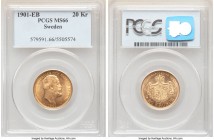 Oscar II gold 20 Kronor 1901-EB MS66 PCGS, KM765. A beaming representative that offers free-flowing aurous luster, unobstructed and undiminished by ha...