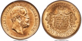 Oscar II gold 20 Kronor 1902-EB MS67 PCGS, KM765. Approaching a flawless state of preservation, this only heightened by an intense luminosity that cas...