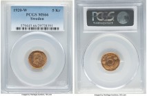 Gustaf V gold 5 Kronor 1920-W MS66 PCGS, Stockholm mint, KM797, Fr-97. Satiny to the obverse and mirrorlike on the reverse, with a distinct tangerine ...