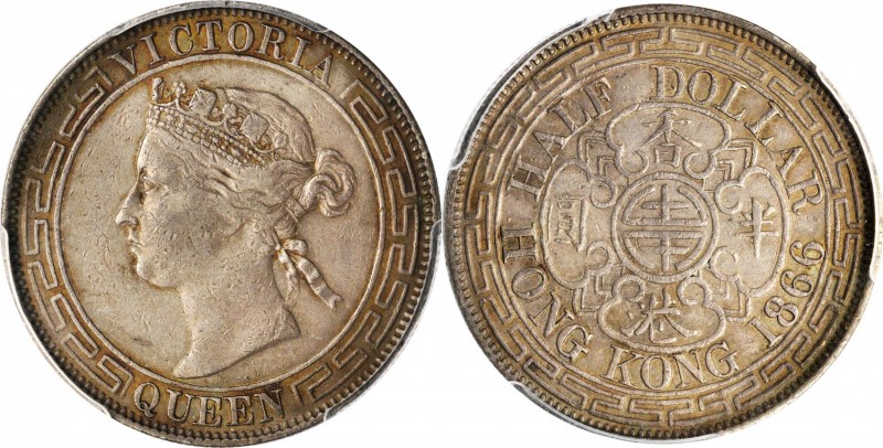 HONG KONG

HONG KONG. 50 Cents, 1866. Hong Kong Mint. Victoria. PCGS EF-45 Gol...