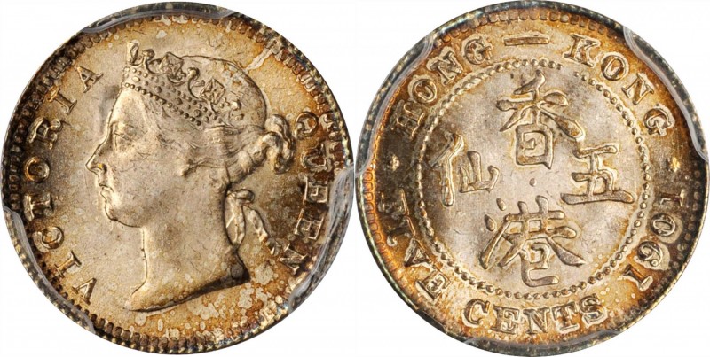 HONG KONG

HONG KONG. 5 Cents, 1901. London Mint. Victoria. PCGS MS-67 Gold Sh...