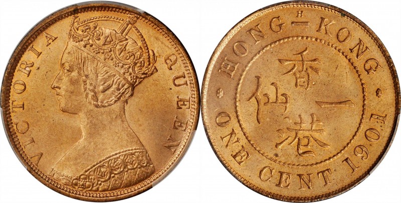 HONG KONG

HONG KONG. Cent, 1901-H. Heaton Mint. Victoria. PCGS MS-65 Red Gold...