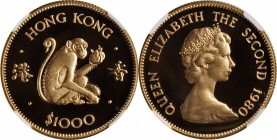 HONG KONG

HONG KONG. 1000 Dollars, 1980. Lunar Series, Year of the Monkey. NGC PROOF-70 Ultra Cameo.

Fr-6; KM-47; Mars-G6. A flawless Gem, this ...