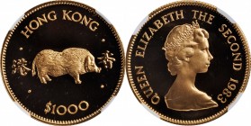 HONG KONG

HONG KONG. 1000 Dollars, 1983. Lunar Series, Year of the Pig. NGC PROOF-69 Ultra Cameo.

Fr-9; KM-51; Mars-G9. Mintage: 22,000. A beaut...
