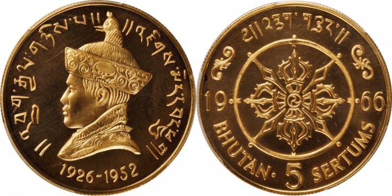 BHUTAN

BHUTAN. 5 Sertums, 1966. PCGS PROOF-67 Cameo Gold Shield.

Fr-1; KM-...