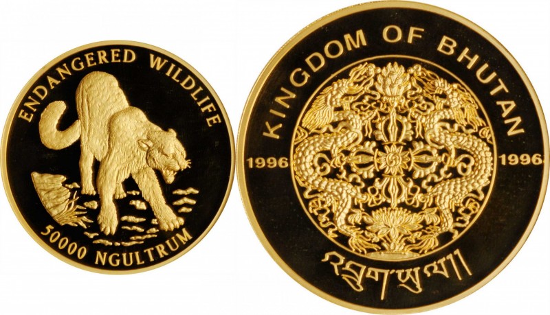 BHUTAN

BHUTAN. 5 Ounce Gold 50000 Ngultrum, 1996. Endangered Wildlife Series,...