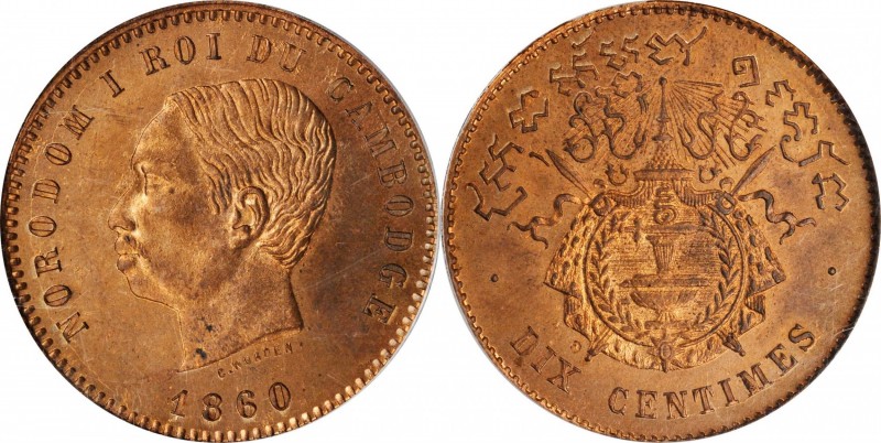 CAMBODIA

CAMBODIA. 10 Centimes, 1860. Norodom I. PCGS SPECIMEN-65 Red Brown....