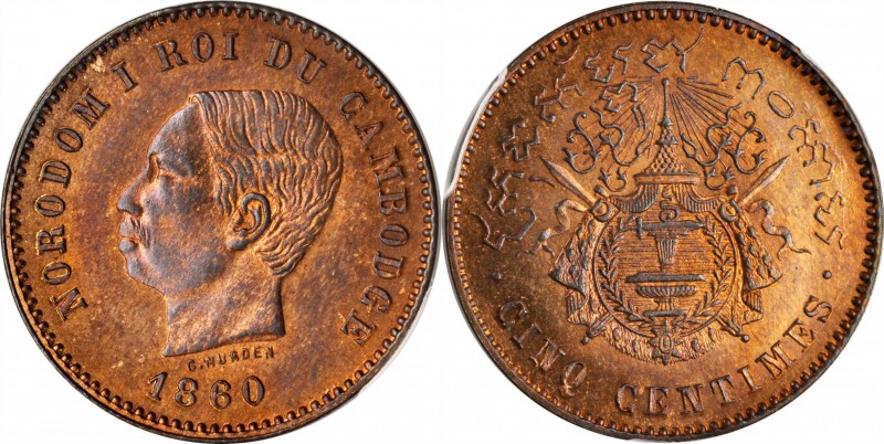 CAMBODIA

CAMBODIA. 5 Centimes, 1860. Norodom I. PCGS SPECIMEN-66 Red Brown Go...