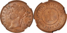 STRAITS SETTLEMENTS

STRAITS SETTLEMENTS. Cent, 1885. London Mint. Victoria. NGC AU-58 Brown.

KM-9a; Tan-SSC16. A SCARCE date, offering reddish-b...