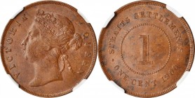 STRAITS SETTLEMENTS

STRAITS SETTLEMENTS. Cent, 1900. London Mint. Victoria. NGC MS-62 Brown.

KM-16. A better date for the series, the brown desi...